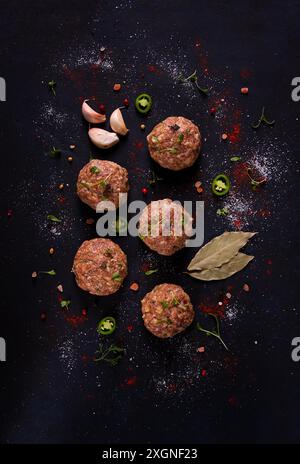 Raw meatballs, with micro greenery, with spices, on a black background, top view, homemade, no people Stock Photo
