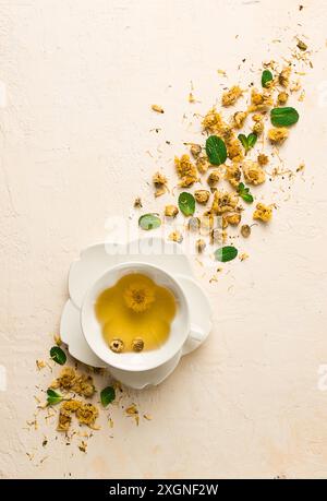 Chrysanthemum tea, drink, white cup, mint, chrysanthemum buds, close-up, no people Stock Photo