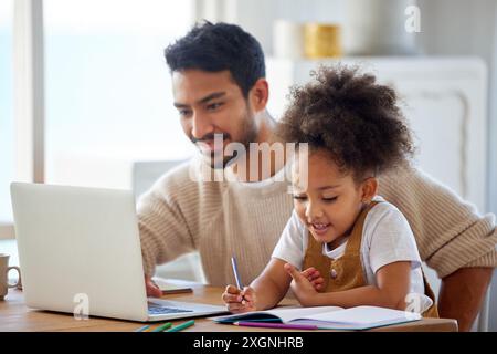 Father, child and laptop with homework in home for learning, education or homeschool lesson with remote work. People, dad or daughter with support for Stock Photo