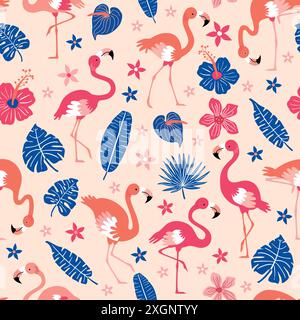 Pattern with pink flamingos and tropical leaves on pink background. Pink flamingo in flat style. Seamless pattern for textile, wrapping paper Stock Vector