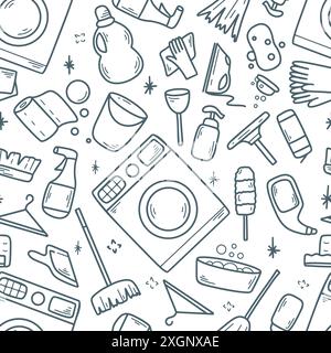 Seamless pattern on the theme of cleaning, doodle sketch style. Background with objects and attributes of housework - washing machine, mop, washing Stock Vector