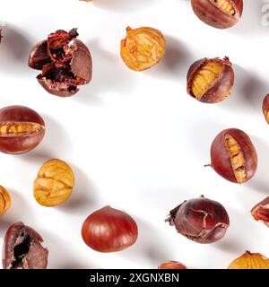 Roasted chestnuts square design template with a place for text, shot from above on a white background Stock Photo