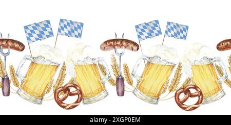 Beer mugs with foam, pretzels, barley, sausages and blue-and-white Bavarian flags banner clipart. Watercolor seamless border for creating Oktoberfest-themed invitations, menus, festive event banners. Stock Photo