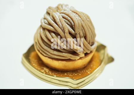 Mont Blanc  (Chestnut Cake), an original French cake made with chestnut cream and whipped cream Stock Photo