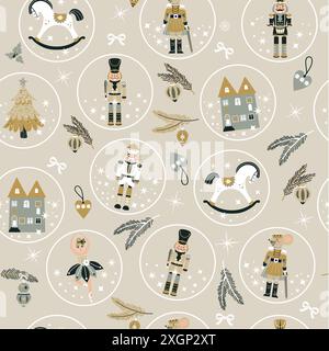 Seamless Christmas Pattern with Nutcrackers ballerina in Vector on beige. New year illustration. Stock Vector
