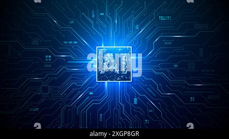 Circuit board technology background with brightly glowing AI chip Stock Vector