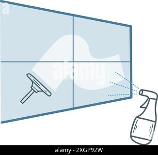 Window cleaning concept, vector graphics. Cleaning windows with spray and hoarder doodle sketch style illustration. Housework, cleaning service Stock Vector