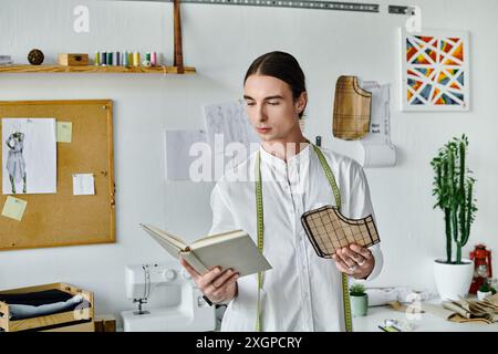 A young man in a white shirt examines a pattern while working in his clothing restoration atelier, focusing on sustainable fashion. Stock Photo