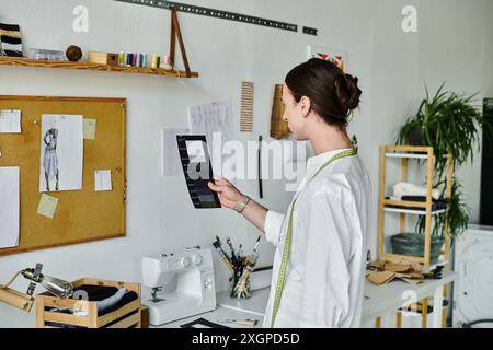 A young man, dressed in white, examines fabric swatches in his sewing atelier, showcasing a passion for sustainable clothing restoration. Stock Photo