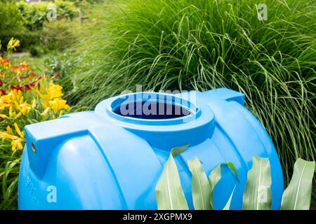 Close up container for collecting rainwater stands in the garden among the plants. Rain water harvesting architecture. Stock Photo