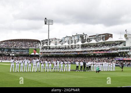 London, UK. 10th July, 2024. Both teams line up for the national anthems during the 1st Rothesay Test Match day 1 England v West Indies at Lords, London, United Kingdom, 10th July 2024 (Photo by Mark Cosgrove/News Images) in London, United Kingdom on 7/10/2024. (Photo by Mark Cosgrove/News Images/Sipa USA) Credit: Sipa USA/Alamy Live News Stock Photo