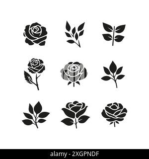 Rose Silhouette Vector Icons Set - Black Floral Illustrations Stock Vector