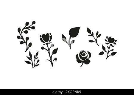 Black Silhouette Vector Illustrations of Various Flowers and Leaves Stock Vector