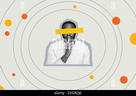 Creative photo collage picture young man shh stop talking dont speak gesture finger silent secret gossips drawing background Stock Photo