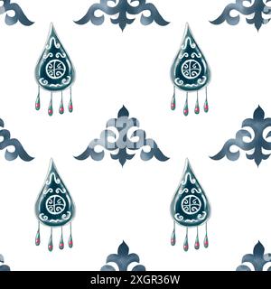 Kazakh pattern seamless watercolor. Ornament with earrings and patterns. Hand drawn illustration on white background of Asian elements. For printing Stock Photo