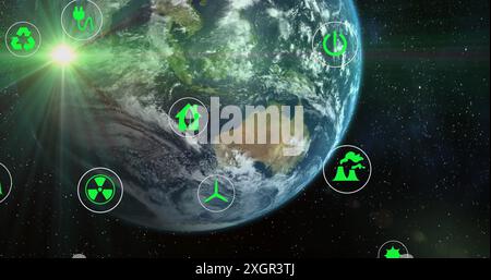 Image of digital eco icons processing over globe Stock Photo