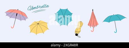 Set of Umbrella in flat style. Opened, closed, and folded umbrellas. Rain protection parasols for rainy weather. Isolated illustrations on light blue Stock Vector