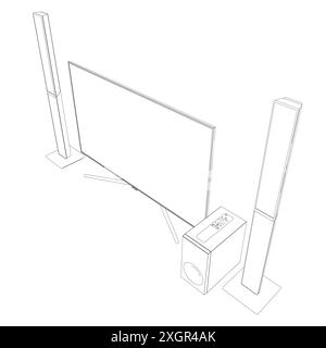 Contour TV home theater with sound speaker design. Speakers and television, tv set icon in black flat glyph, outline style isolated on white backgroun Stock Vector