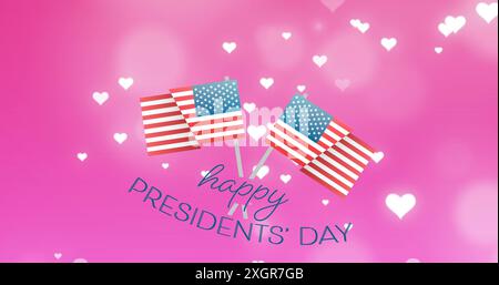 Image of hearts floating over usa flags and happy presidents day on pink background. usa patriotism and celebration concept digitally generated image. Stock Photo