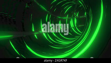 Image of tunnel made of green lights moving fast on black background. colour, shapes and movement concept digitally generated image. Stock Photo