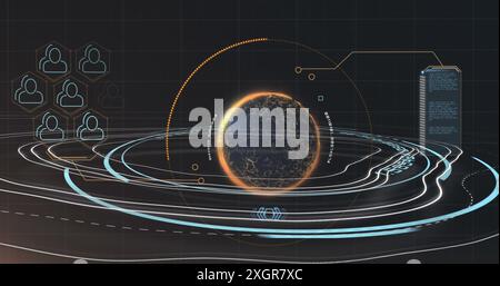 Image of rotating circles over data processing in green and black space. Global communication image game and digital interface background concept digi Stock Photo