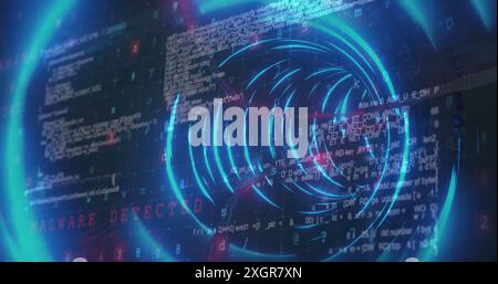 Image of light trails and cyber security data processing over glowing tunnel in seamless pattern. Cyber security and business technology concept Stock Photo