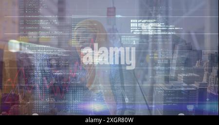Image of financial data and graphs over middle eastern woman on street. Global communication, finance and technology concept digitally generated image Stock Photo