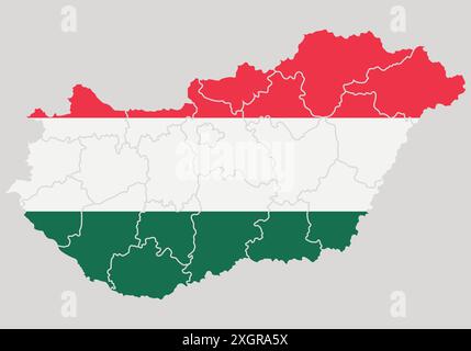 Map of the country, Hungary. Vector map of Hungary with administrative regions. Map of Hungary with flag. Stock Vector