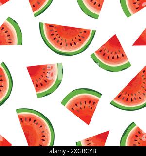 Watermelon pattern. Fruit juicy slice pieces seamless texture. Summer bright design Stock Vector