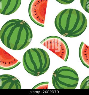 Watermelon pattern. Fruit juicy slice pieces seamless texture. Summer bright design Stock Vector