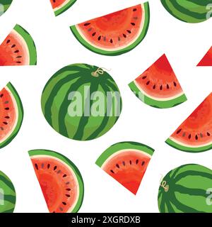 Watermelon pattern. Fruit juicy slice pieces seamless texture. Summer bright design Stock Vector