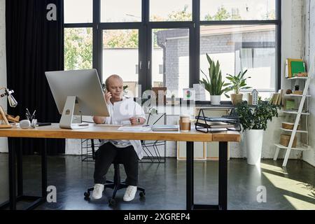 A man with inclusivity sits at his desk in an office, working on his computer. Stock Photo