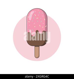 Chocolate Ice Cream with Strawberry Topping and Sprinkles Vector Illustration. Choc Ice. Ice Cream Sticks. Delicious Summer Dessert. Stock Vector