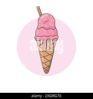 Strawberry Ice Cream in Waffle Cone Vector Illustration. Strawberry Ice Cream Scoops in Waffle Cone with Multi-Colored Sprinkles and Waffle Roll. Stock Vector