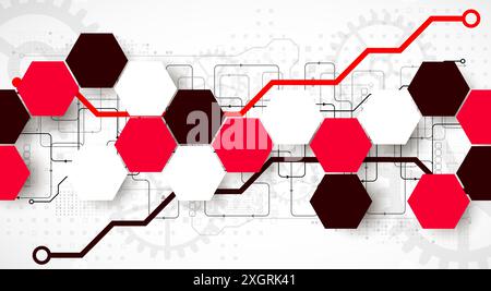 Gear wheel technology background with hexagons. Hand drawn vector. Stock Vector