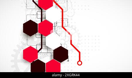 Gear wheel technology background with hexagons. Hand drawn vector. Stock Vector