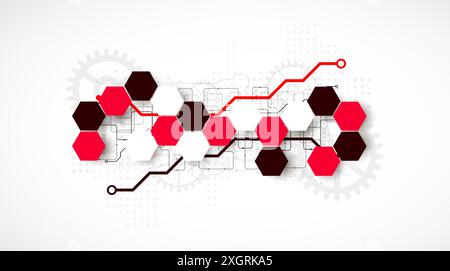 Gear wheel technology background with hexagons. Hand drawn vector. Stock Vector