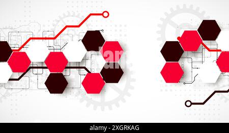 Gear wheel technology background with hexagons. Hand drawn vector. Stock Vector