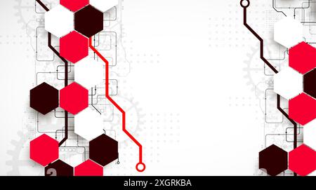 Gear wheel technology background with hexagons. Hand drawn vector. Stock Vector