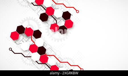 Gear wheel technology background with hexagons. Hand drawn vector. Stock Vector