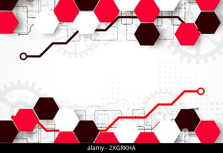 Gear wheel technology background with hexagons. Hand drawn vector. Stock Vector