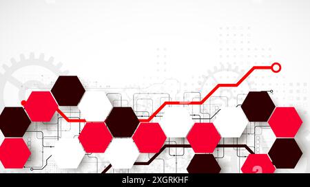 Gear wheel technology background with hexagons. Hand drawn vector. Stock Vector