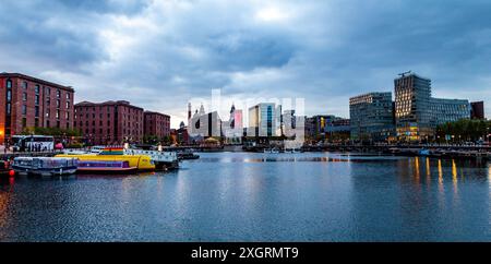 Panoramic View of Liverpool Skyline from the Royal Albert Dock at Night Stock Photo