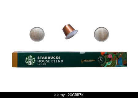 Box of Starbucks House Blend Lungo coffee capsules by Nespresso with three capsules removed isolated on white background Stock Photo