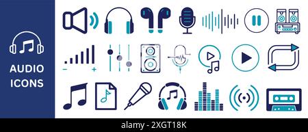 Audio Icon Set. Sound, headphones, earphones, equalizer, speaker, music, volume, record, icons. Vector illustration. Stock Vector