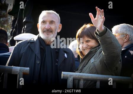 Buenos Aires, Argentina - 09 Jul 2024, National Security Minister Patricia Bullrich with her husband Guillermo Yanco greets the public present at the Independence Day parade from the official stage located on Del Libertador Avenue in downtown Buenos Aires. In the city of Buenos Aires, around 11:00 a.m., the parade for July 9, the day of the declaration of the independence of the Argentine Republic, took place. The act was presided over by President Javier Milei, accompanied by his main officials. Leading the parade were the veterans of the Malvinas War. Stock Photo