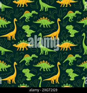 Seamless pattern of cute dinosaurs in Asian kawaii style. Tyrannosaurus rex, stegosaurus, triceratops, pterosaur, spinosaurus, ichthyosaur, diplodocus Stock Vector