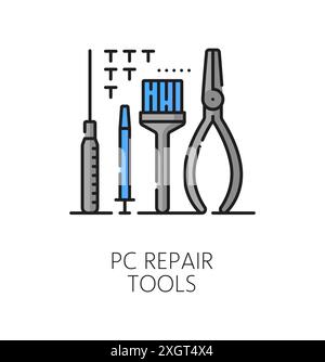 PC repair software tools thin color icon or symbol. Web network hardware testing, computer system software product support outline vector symbol with pliers, brush, screwdriver and thermal paste Stock Vector