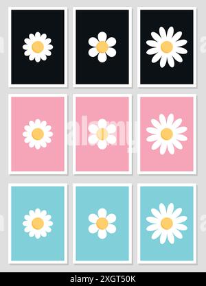 Simple cards with chamomile or daisy flowers. Plant flower head sign symbol in flat design. Vector illustration Stock Vector