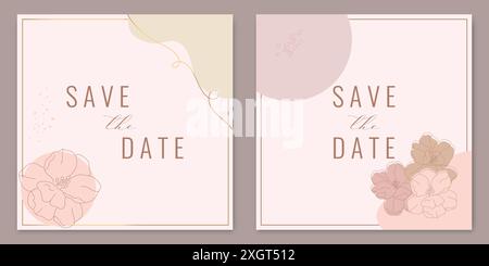 Elegant save the date card templates in pastel colors decorated with flowers outline. Vector illustration Stock Vector